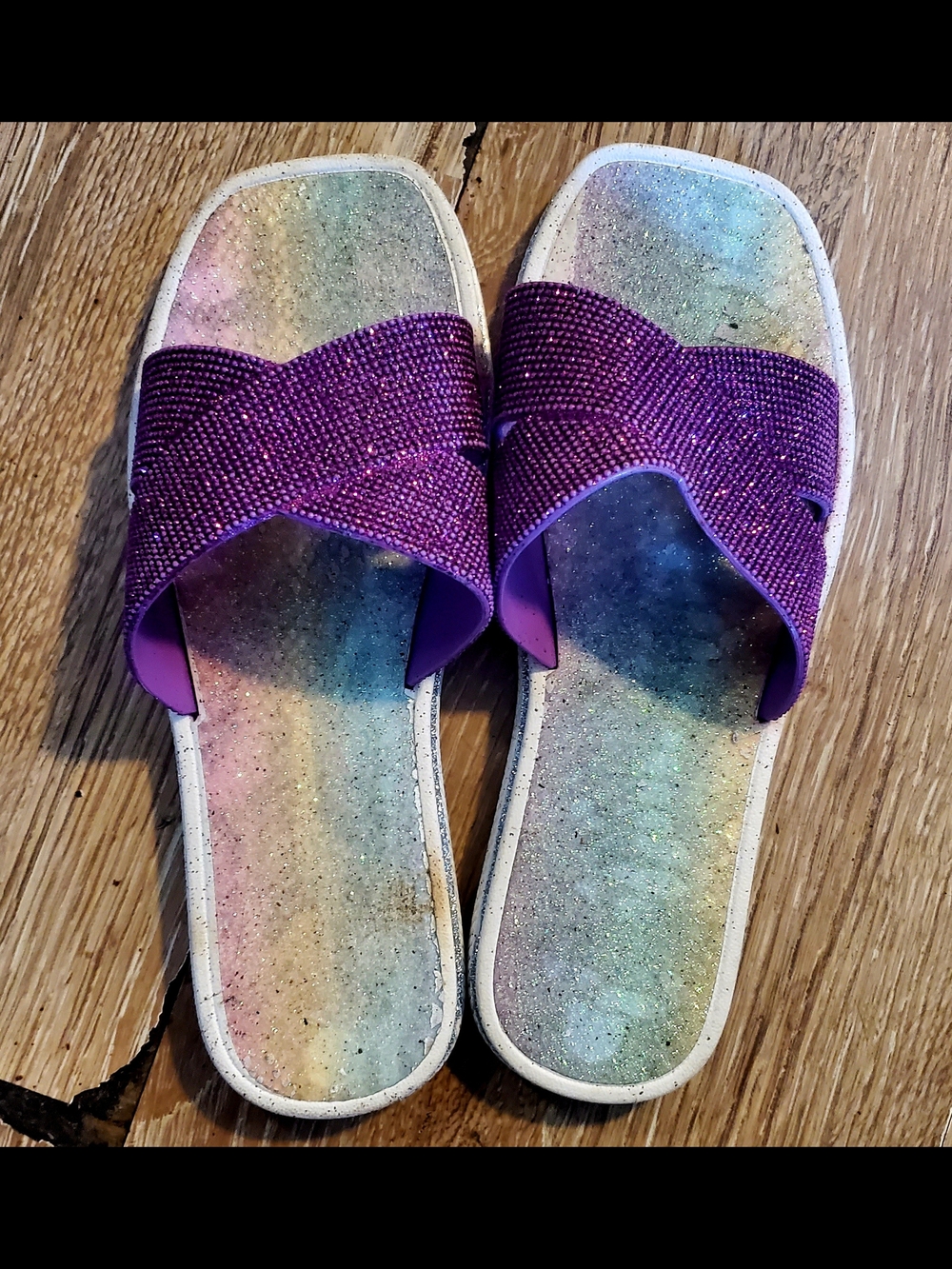 Purple Glittery Slide Sandals W Rainbow Footbed